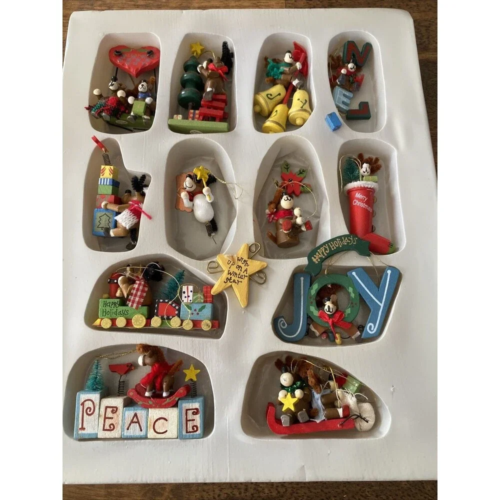 12 Vintage Painted Wooden MOOSE THEMED Christmas Ornaments Bottle Brush Animals